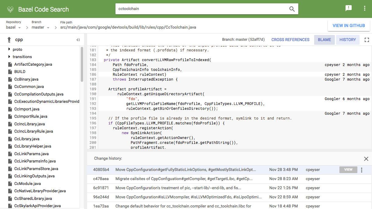 Bazel Code Search File View showing Blame and History